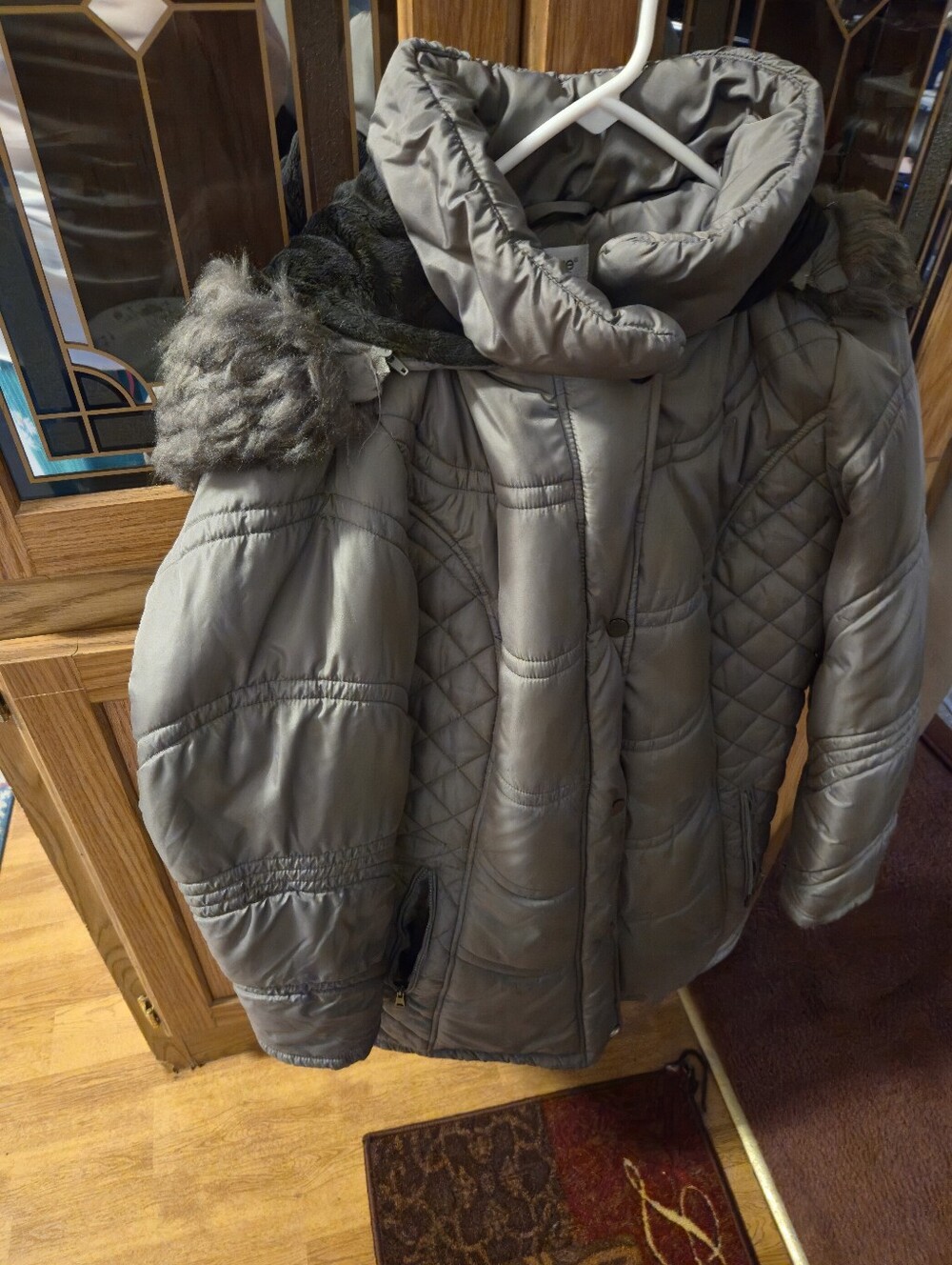 Avenue Quilted Hooded Puffer Coat with Faux-Fur Trim - Gray